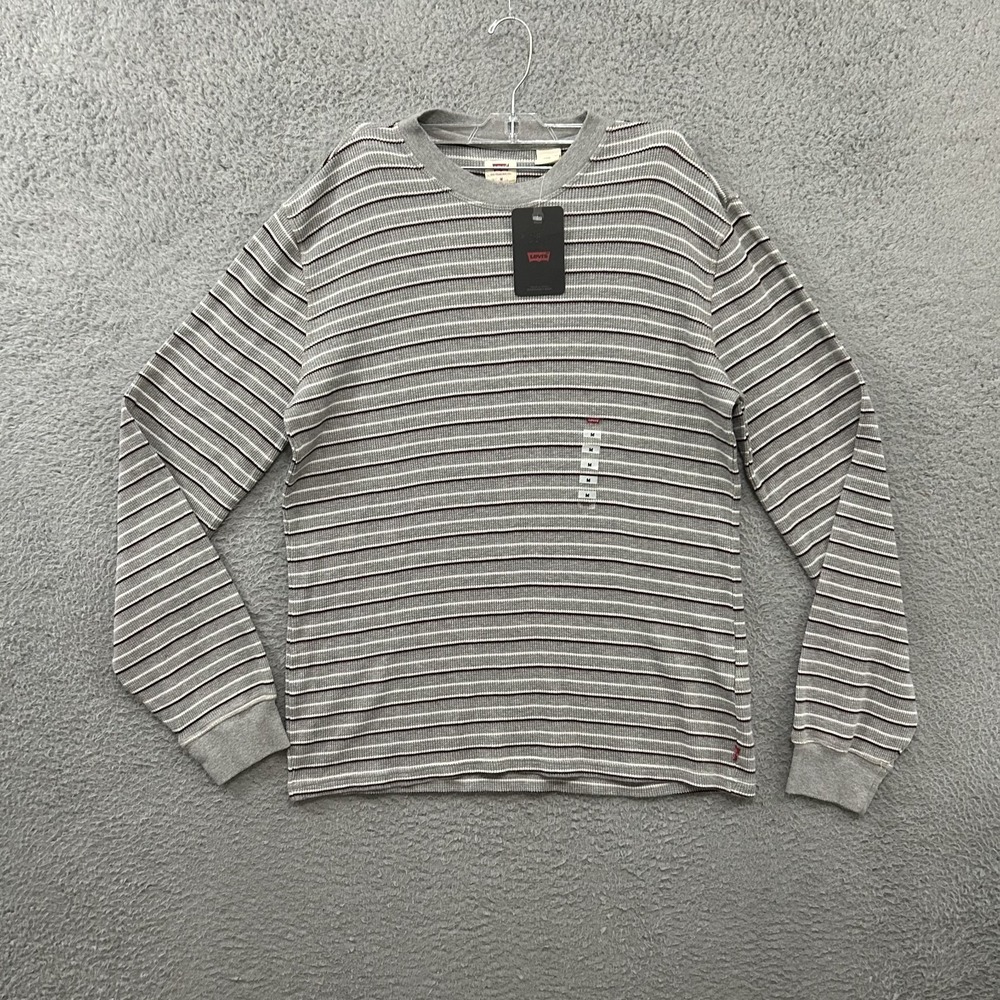 Levis Shirt Mens Medium Gray Striped Thermal Long‎ Sleeve Red Tab Casual Adult